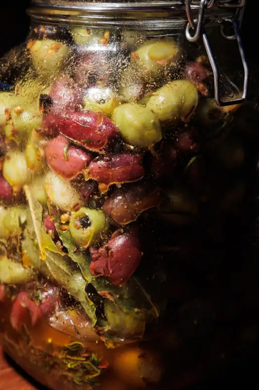 A jar of marinated olives